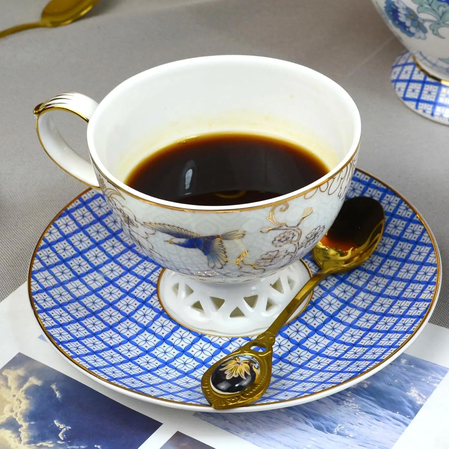 ACMLIFE Bone China Tea Cup and Saucer Set - Bone China Tea Coffee Cup and Saucer Set for 1, Vintage Teacups and Saucers, with Gold Trim and Gift Box (1, Light Blue)