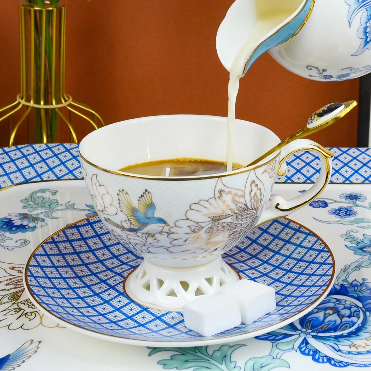ACMLIFE Bone China Tea Cup and Saucer Set - Bone China Tea Coffee Cup and Saucer Set for 1, Vintage Teacups and Saucers, with Gold Trim and Gift Box (1, Light Blue)