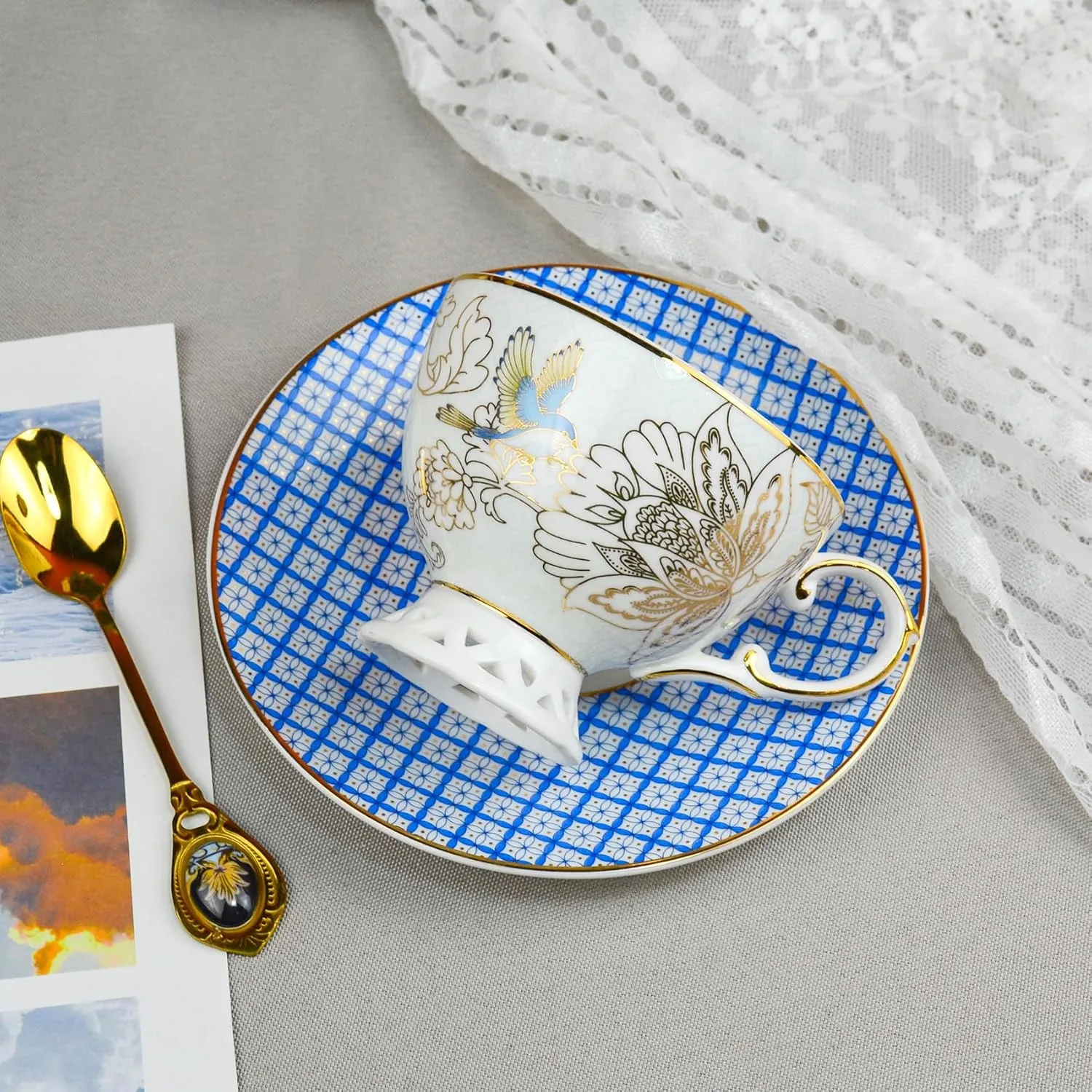 ACMLIFE Bone China Tea Cup and Saucer Set - Bone China Tea Coffee Cup and Saucer Set for 1, Vintage Teacups and Saucers, with Gold Trim and Gift Box (1, Light Blue)