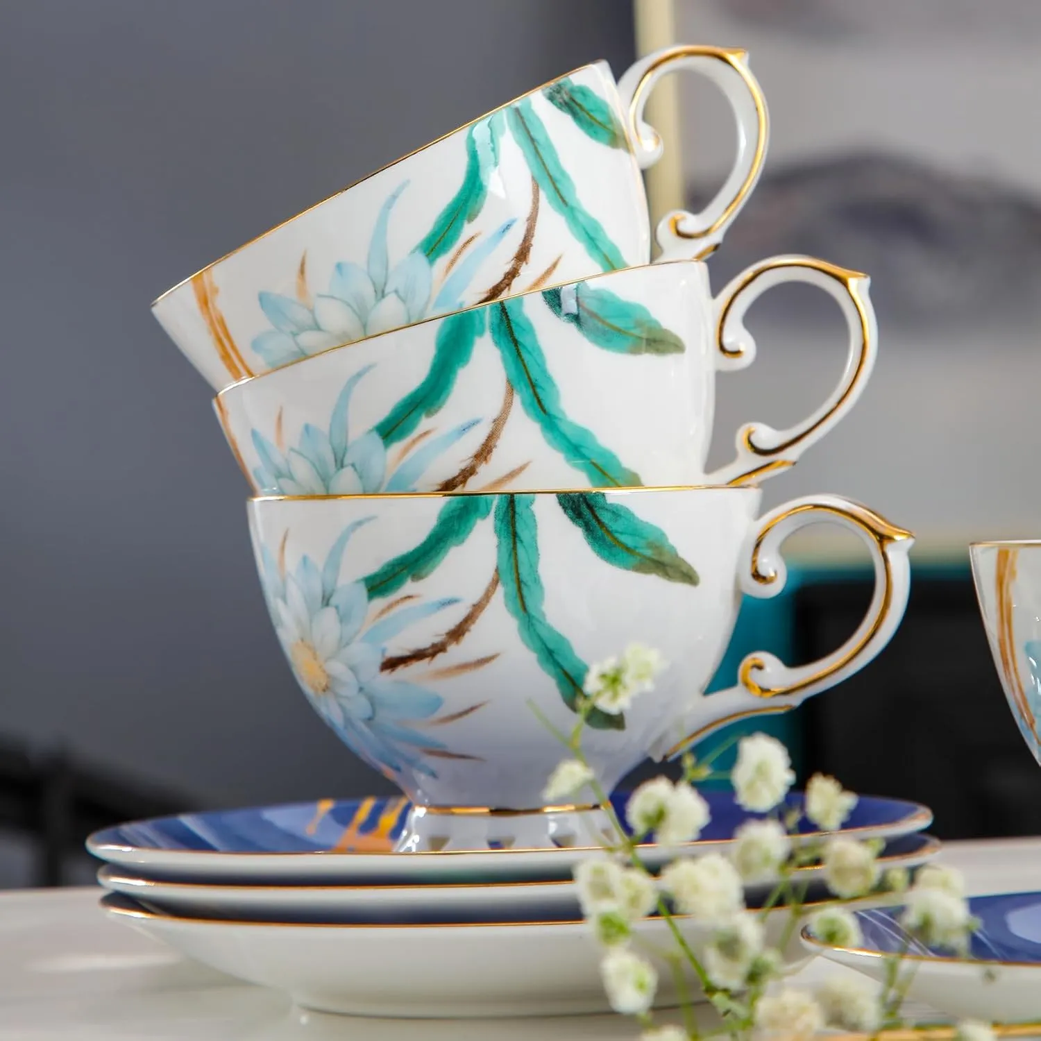ACMLIFE Tea cup and Saucer Set Royal Garden Style Tea Coffee Cup with Saucer 7 Ounces Bone China Teacup and saucer Set(1, Blue and White)