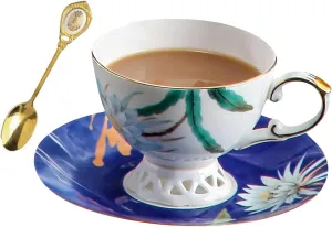 ACMLIFE Tea cup and Saucer Set Royal Garden Style Tea Coffee Cup with Saucer 7 Ounces Bone China Teacup and saucer Set(1, Blue and White)