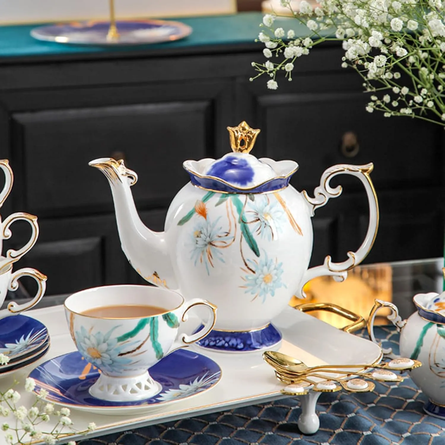 ACMLIFE Tea cup and Saucer Set Royal Garden Style Tea Coffee Cup with Saucer 7 Ounces Bone China Teacup and saucer Set(1, Blue and White)