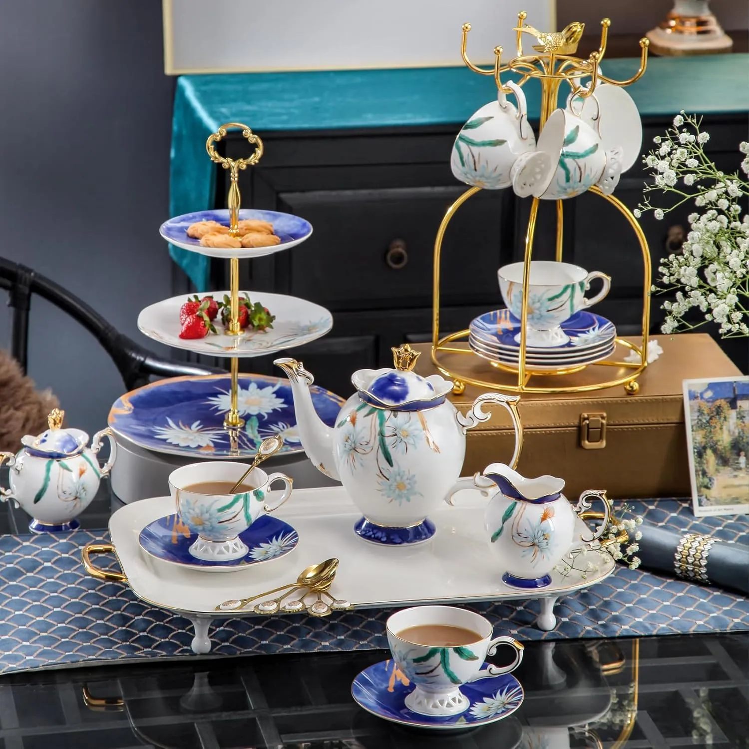 ACMLIFE Tea cup and Saucer Set Royal Garden Style Tea Coffee Cup with Saucer 7 Ounces Bone China Teacup and saucer Set(1, Blue and White)