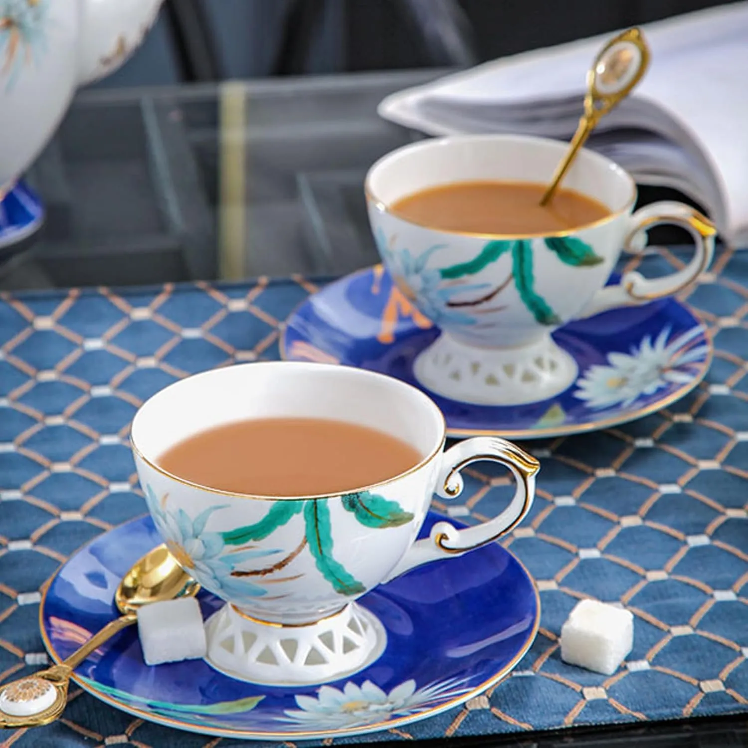 ACMLIFE Tea cup and Saucer Set Royal Garden Style Tea Coffee Cup with Saucer 7 Ounces Bone China Teacup and saucer Set(1, Blue and White)