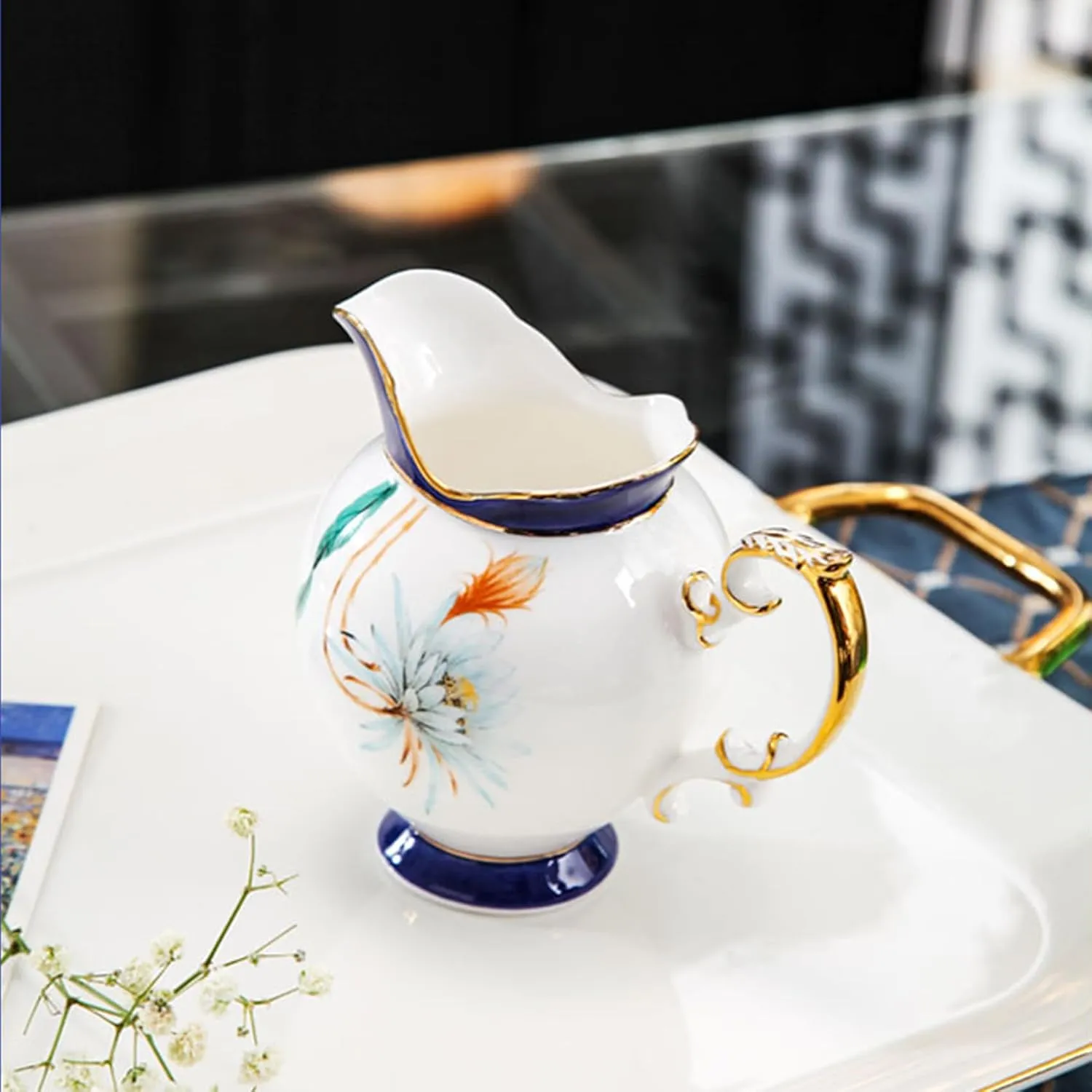 ACMLIFE Tea cup and Saucer Set Royal Garden Style Tea Coffee Cup with Saucer 7 Ounces Bone China Teacup and saucer Set(1, Blue and White)