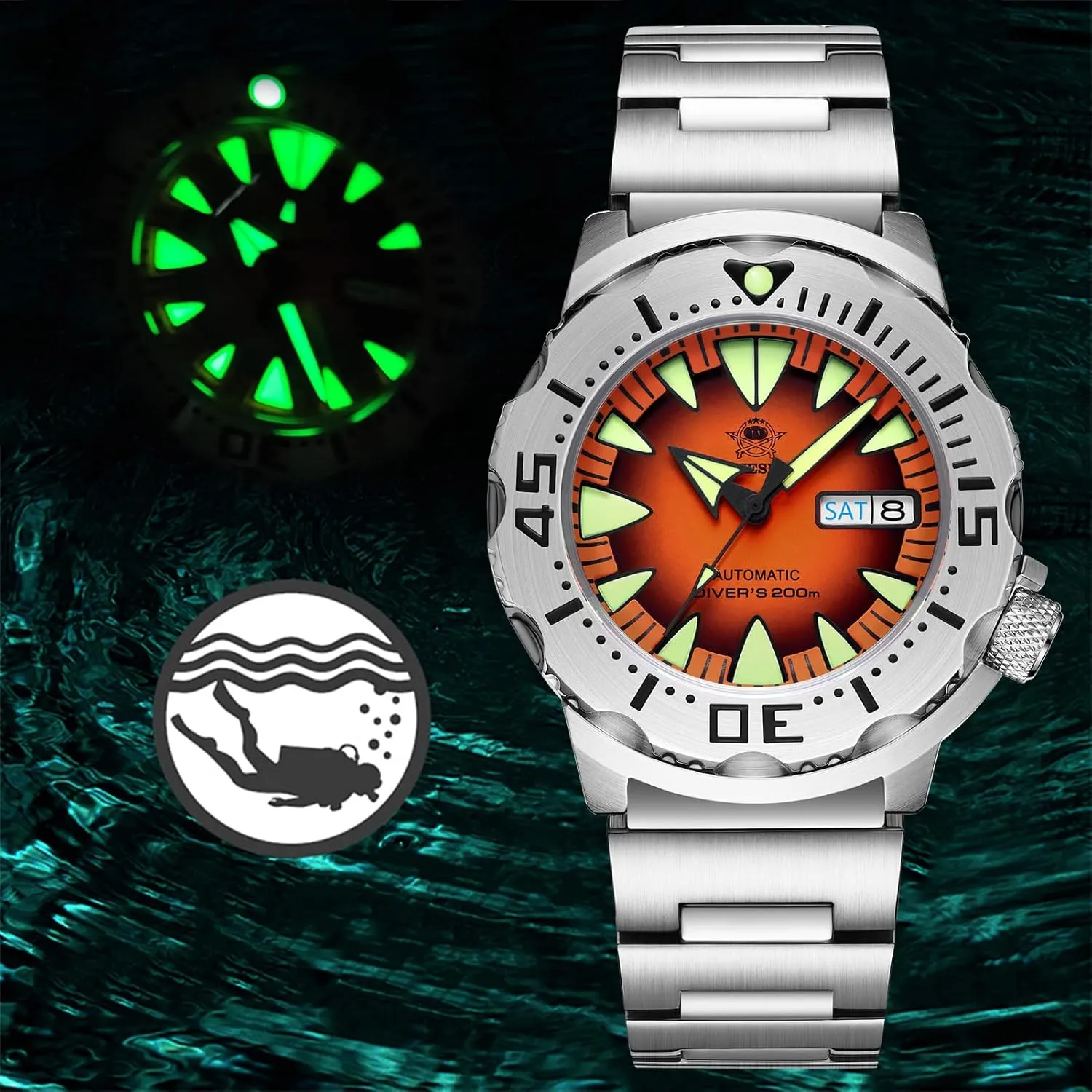 ADDIESDIVE Automatic Watches for Men Diver 200 M Waterproof Synthetic Sapphire Analog Mens Wristwatch Satinless Steel
