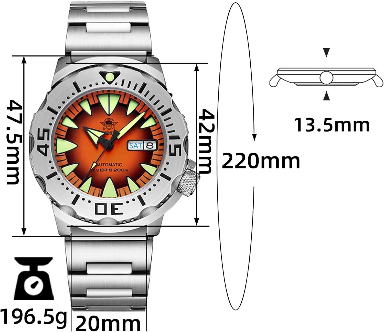 ADDIESDIVE Automatic Watches for Men Diver 200 M Waterproof Synthetic Sapphire Analog Mens Wristwatch Satinless Steel