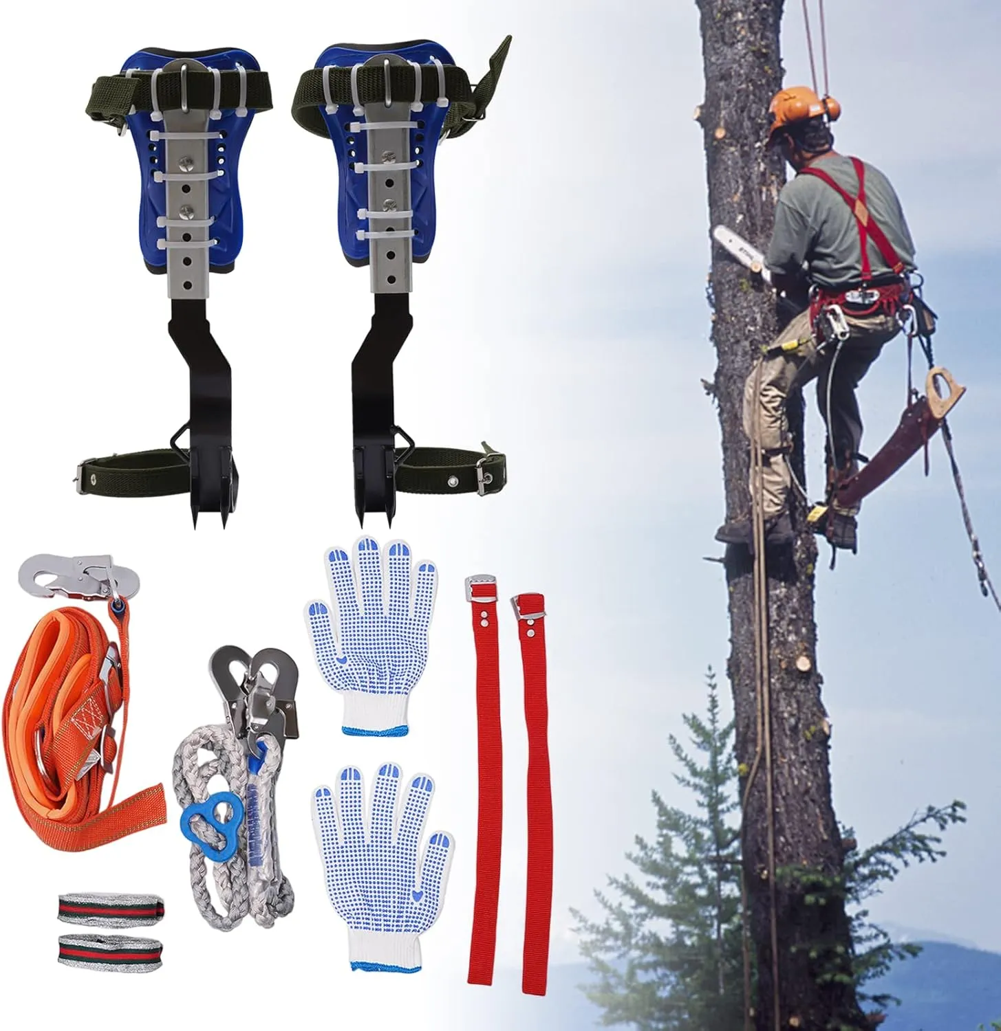 Adjustable Tree Climbing Spike Set,Portable Tree Climbing Gears w/Extra Multi-Functional Straps for Tree Climbing, Fruit Picking,Aerial Work