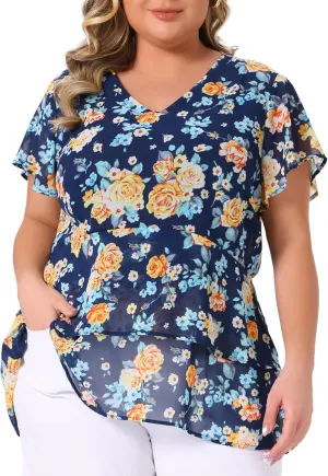 Agnes Orinda Summer Tops for Women 2024 Plus Size V Neck Short Sleeve Layered Casual Floral Blouse