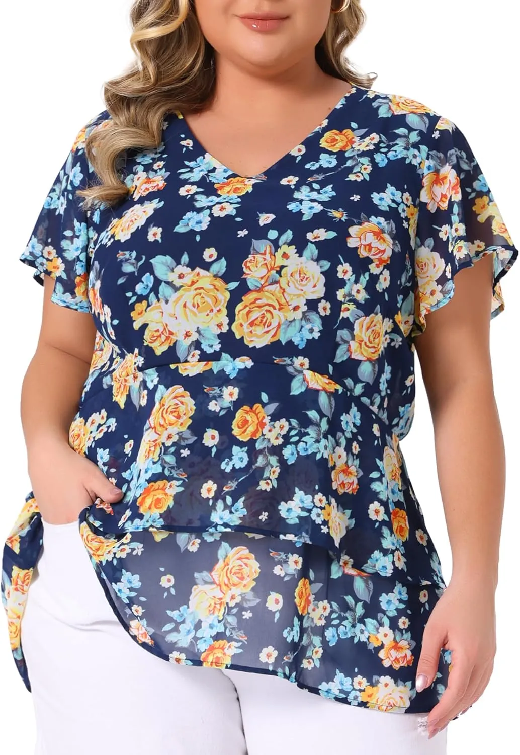 Agnes Orinda Summer Tops for Women 2024 Plus Size V Neck Short Sleeve Layered Casual Floral Blouse
