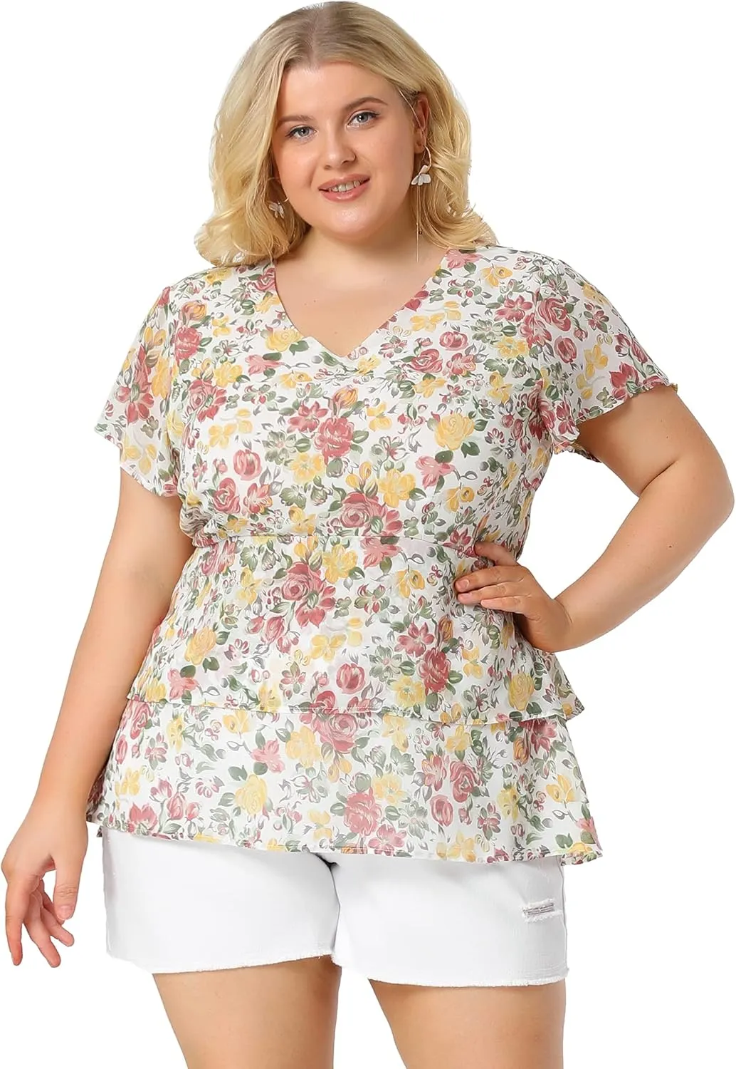 Agnes Orinda Summer Tops for Women 2024 Plus Size V Neck Short Sleeve Layered Casual Floral Blouse
