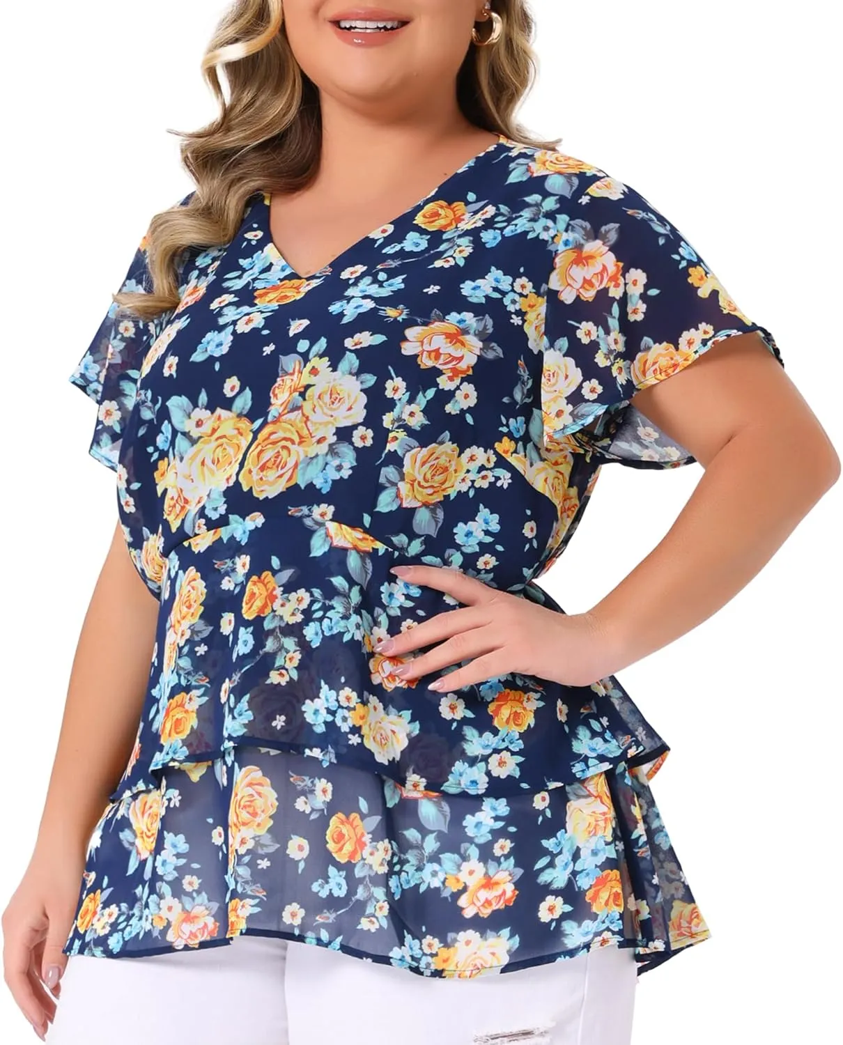 Agnes Orinda Summer Tops for Women 2024 Plus Size V Neck Short Sleeve Layered Casual Floral Blouse