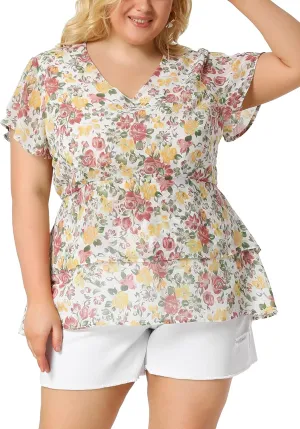 Agnes Orinda Summer Tops for Women 2024 Plus Size V Neck Short Sleeve Layered Casual Floral Blouse