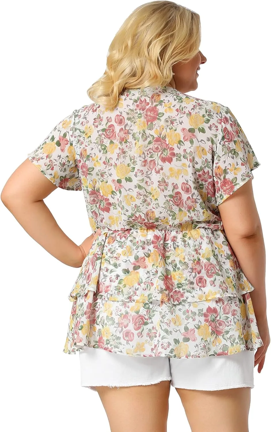 Agnes Orinda Summer Tops for Women 2024 Plus Size V Neck Short Sleeve Layered Casual Floral Blouse