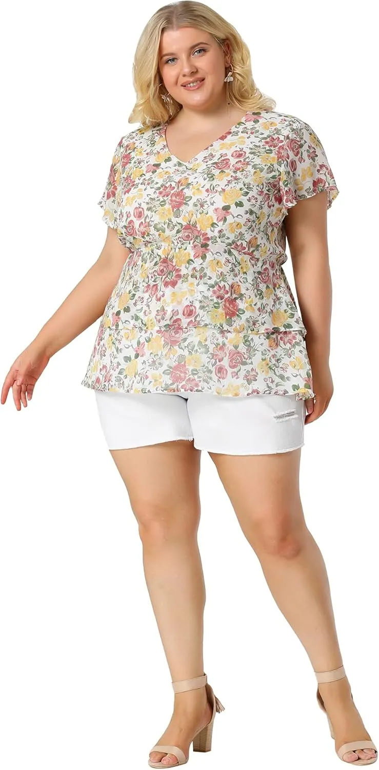 Agnes Orinda Summer Tops for Women 2024 Plus Size V Neck Short Sleeve Layered Casual Floral Blouse