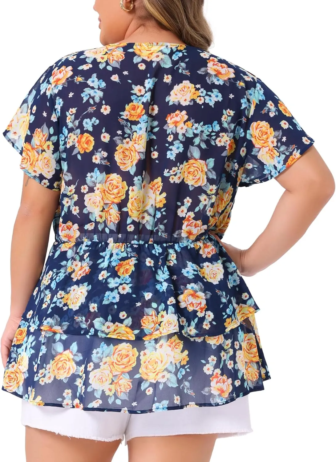 Agnes Orinda Summer Tops for Women 2024 Plus Size V Neck Short Sleeve Layered Casual Floral Blouse
