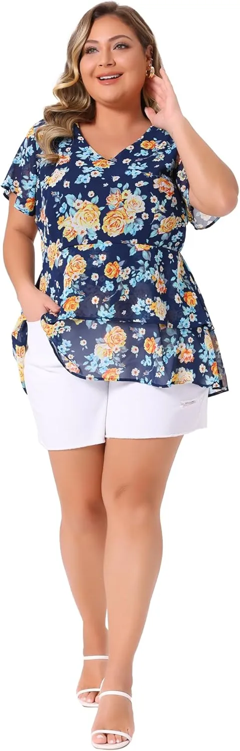 Agnes Orinda Summer Tops for Women 2024 Plus Size V Neck Short Sleeve Layered Casual Floral Blouse