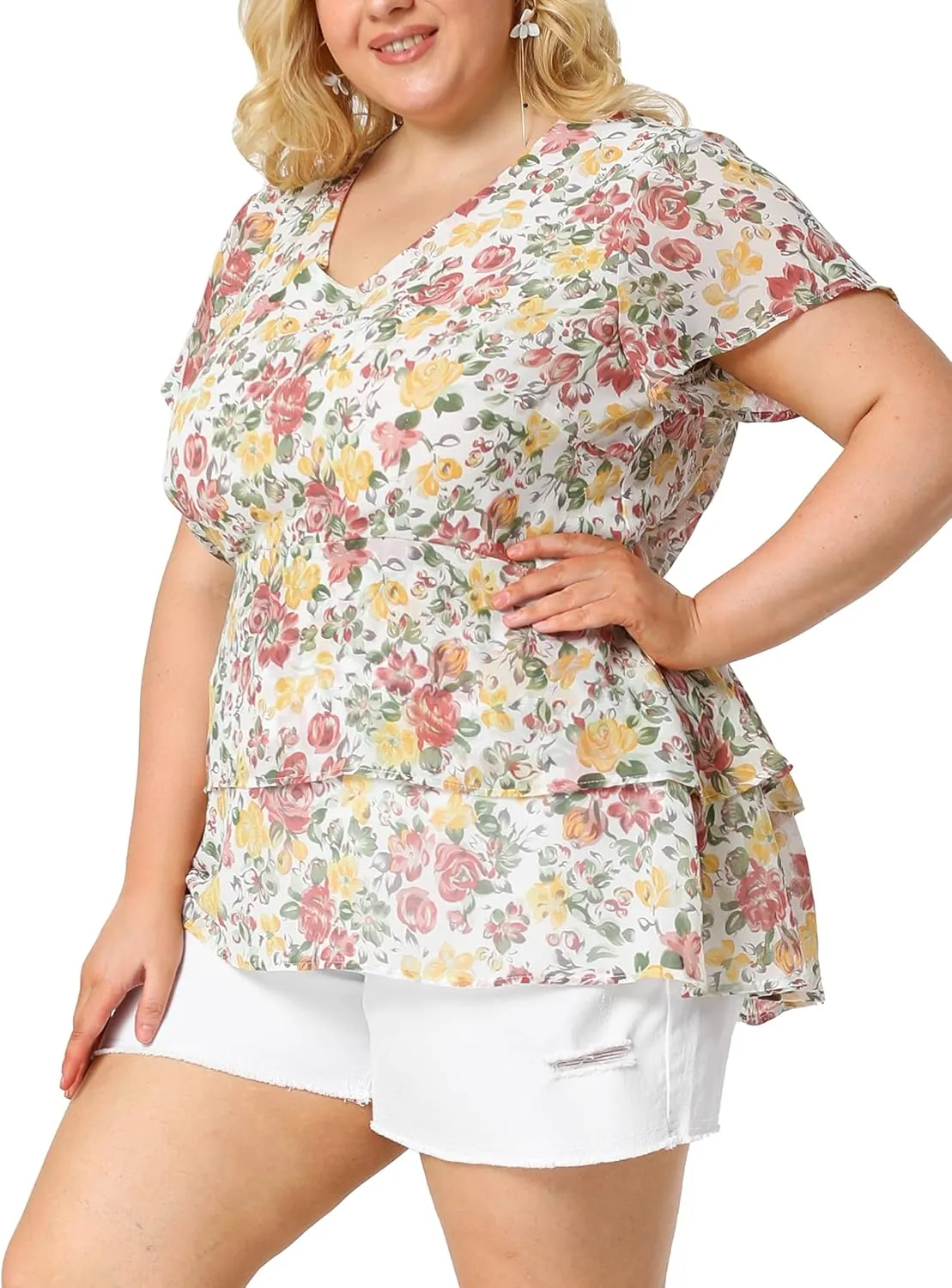Agnes Orinda Summer Tops for Women 2024 Plus Size V Neck Short Sleeve Layered Casual Floral Blouse