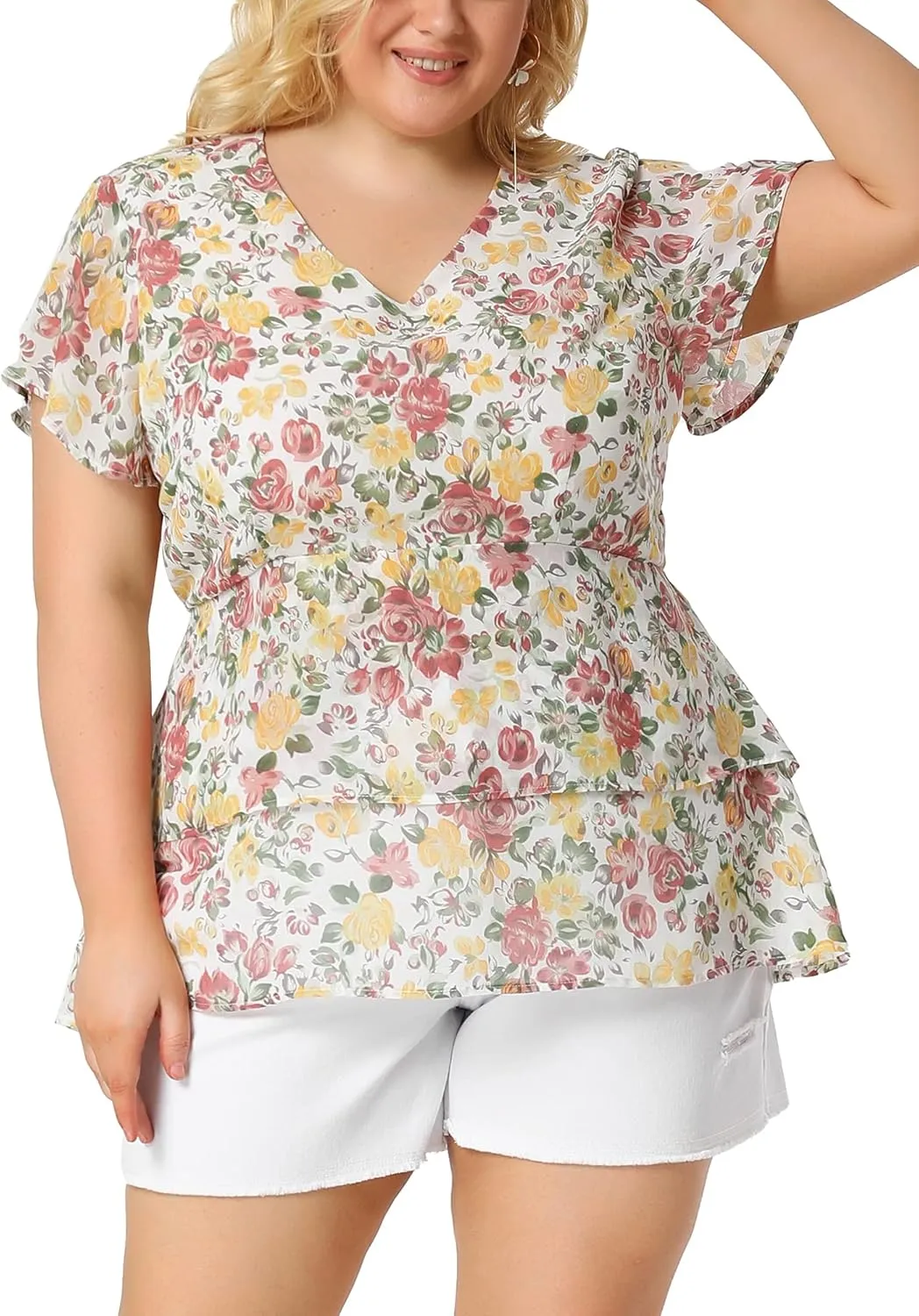Agnes Orinda Summer Tops for Women 2024 Plus Size V Neck Short Sleeve Layered Casual Floral Blouse