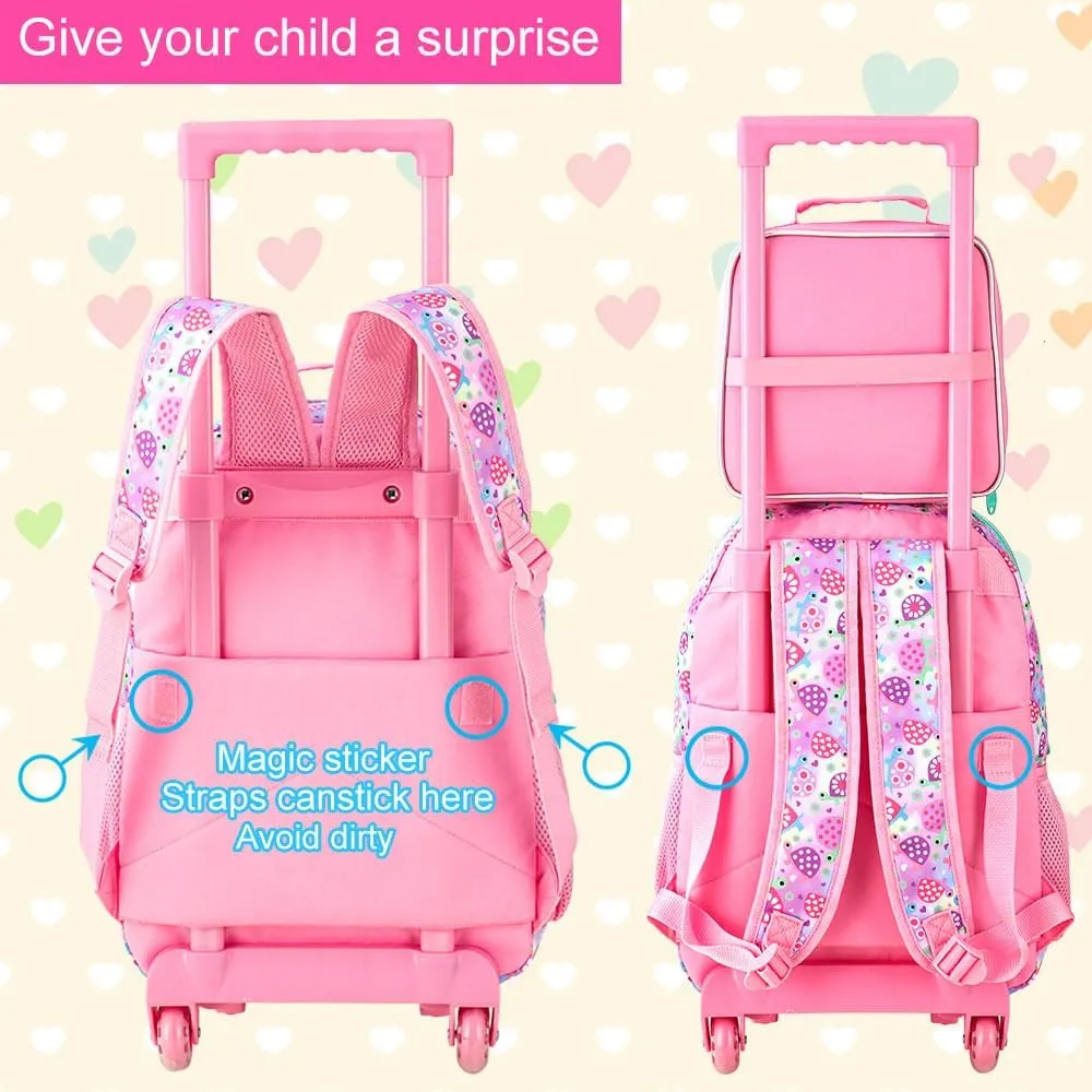 AGSDON 3PCS Kids Rolling Backpack, Girls Roller Wheels Bookbag, Wheeled Elementary School Bag with Lunch Bag - Turtle