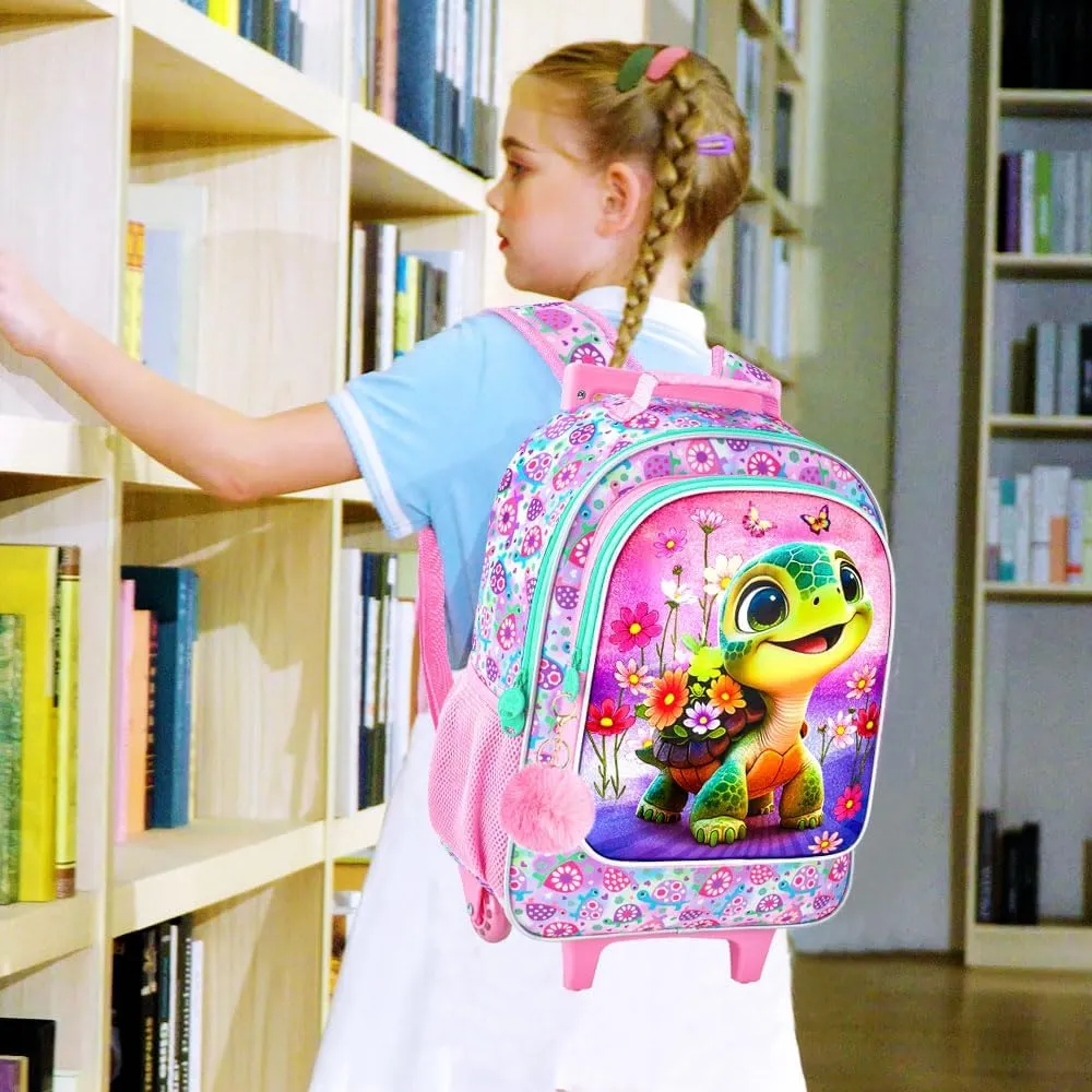 AGSDON 3PCS Kids Rolling Backpack, Girls Roller Wheels Bookbag, Wheeled Elementary School Bag with Lunch Bag - Turtle