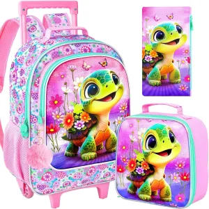 AGSDON 3PCS Kids Rolling Backpack, Girls Roller Wheels Bookbag, Wheeled Elementary School Bag with Lunch Bag - Turtle