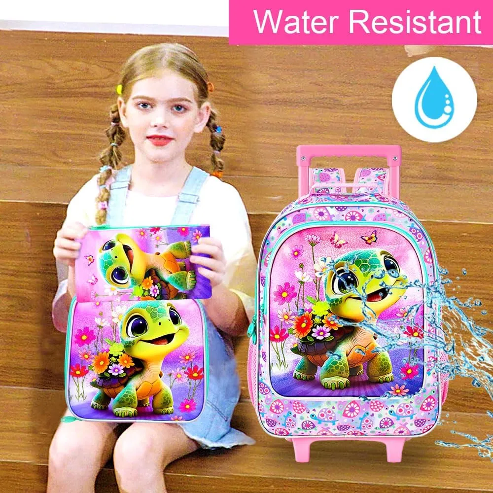 AGSDON 3PCS Kids Rolling Backpack, Girls Roller Wheels Bookbag, Wheeled Elementary School Bag with Lunch Bag - Turtle
