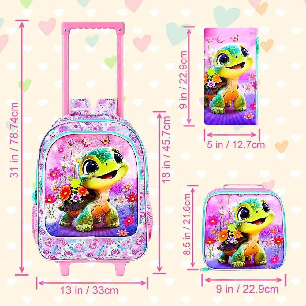 AGSDON 3PCS Kids Rolling Backpack, Girls Roller Wheels Bookbag, Wheeled Elementary School Bag with Lunch Bag - Turtle