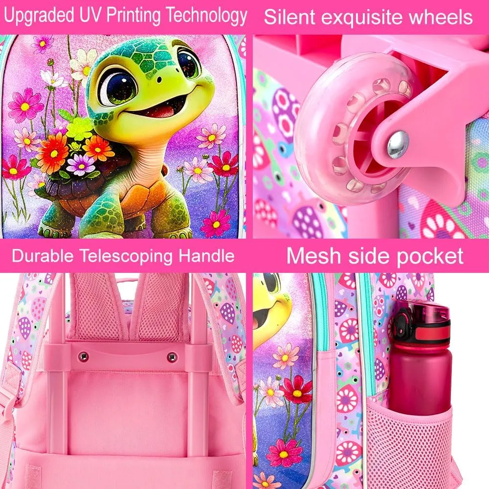 AGSDON 3PCS Kids Rolling Backpack, Girls Roller Wheels Bookbag, Wheeled Elementary School Bag with Lunch Bag - Turtle