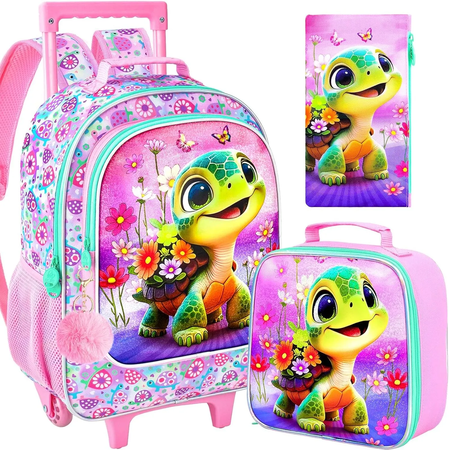 AGSDON 3PCS Kids Rolling Backpack, Girls Roller Wheels Bookbag, Wheeled Elementary School Bag with Lunch Bag - Turtle