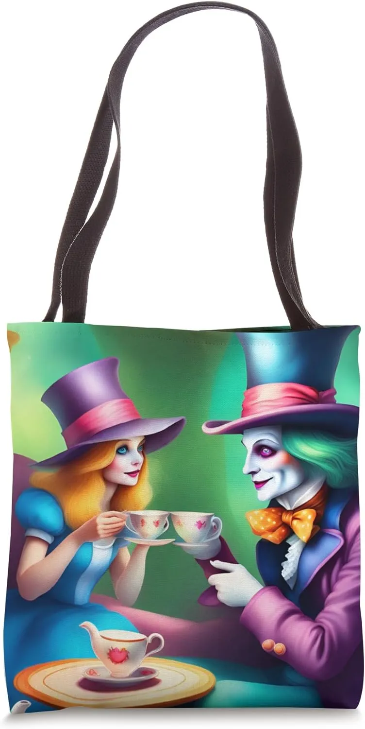 Alice and The Mad Hatter share a cup of tea together Tote Bag