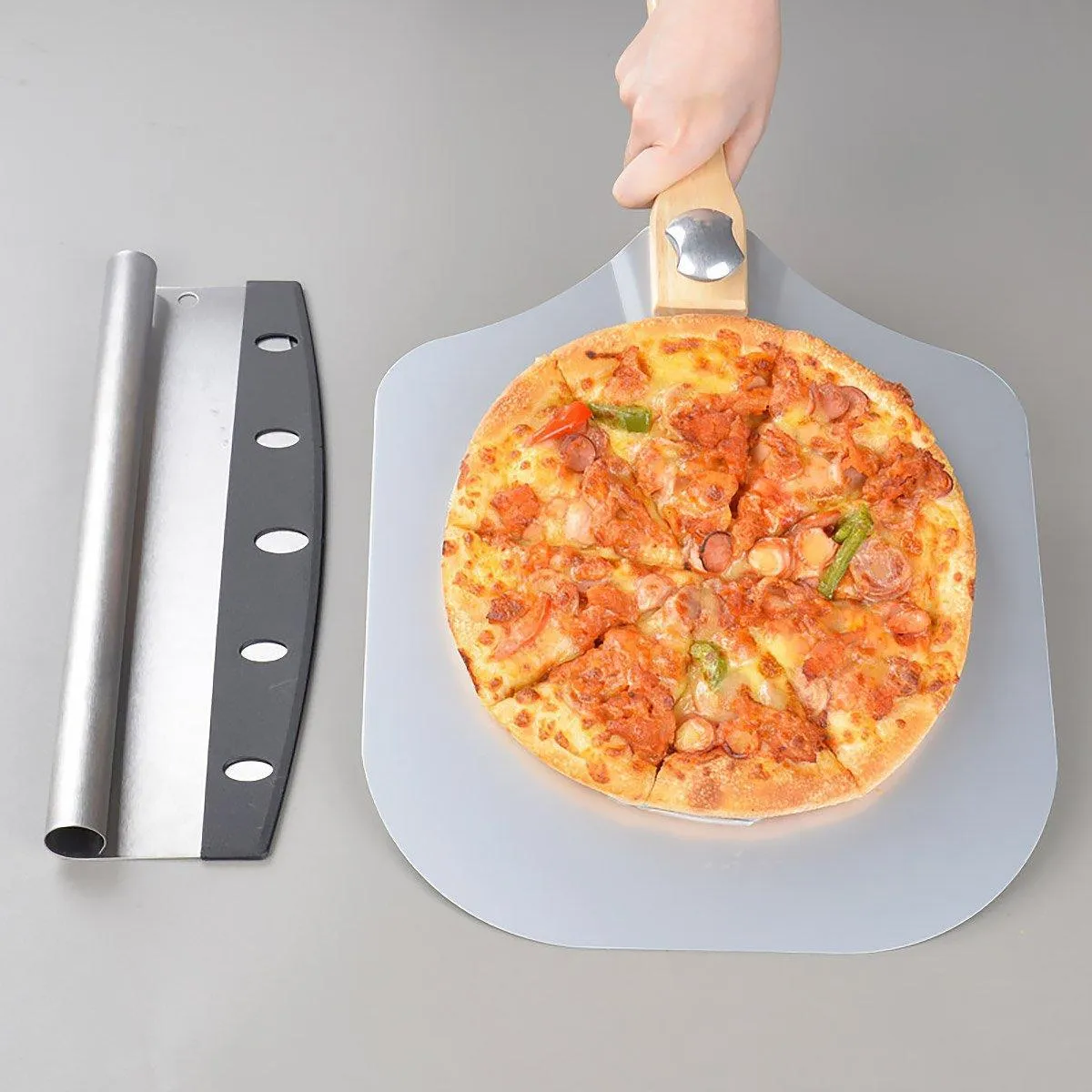 Aluminum Pizza Shovel 12Inch Pizza Transfer Tool with Pizza Cutter and Wheel Set