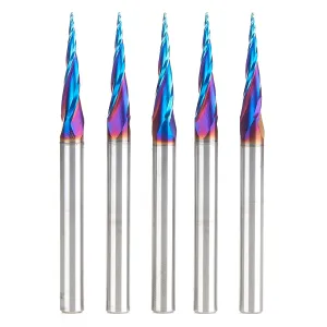 Amana Tool 46280-K-5 5-Pc CNC Solid Carbide Spektra Extreme Tool Life Coated Tapered Spiral 2D/3D Carving 1/32 Dia x 1/4 Inch SHK Router Bit Pack