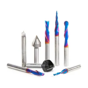 Amana Tool Spektra Coated Solid Carbide CNC V-Groove, Point Roundover, and Multi-Purpose Router Bit Pack, AMS-177-K 8-Pc, 1/4 Inch Shank in Wooden Box