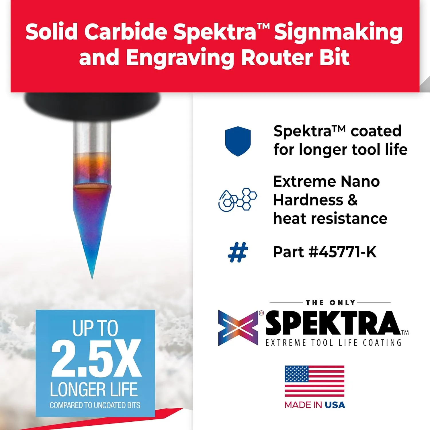 Amana Tool Spektra Extreme Tool Life Coated Solid Carbide Signmaking and Engraving Router Bit, 45771-K, 30 Degree Engraving, 0.005 Tip Width x 1/4 Shank x 2-1/4 Inch Long