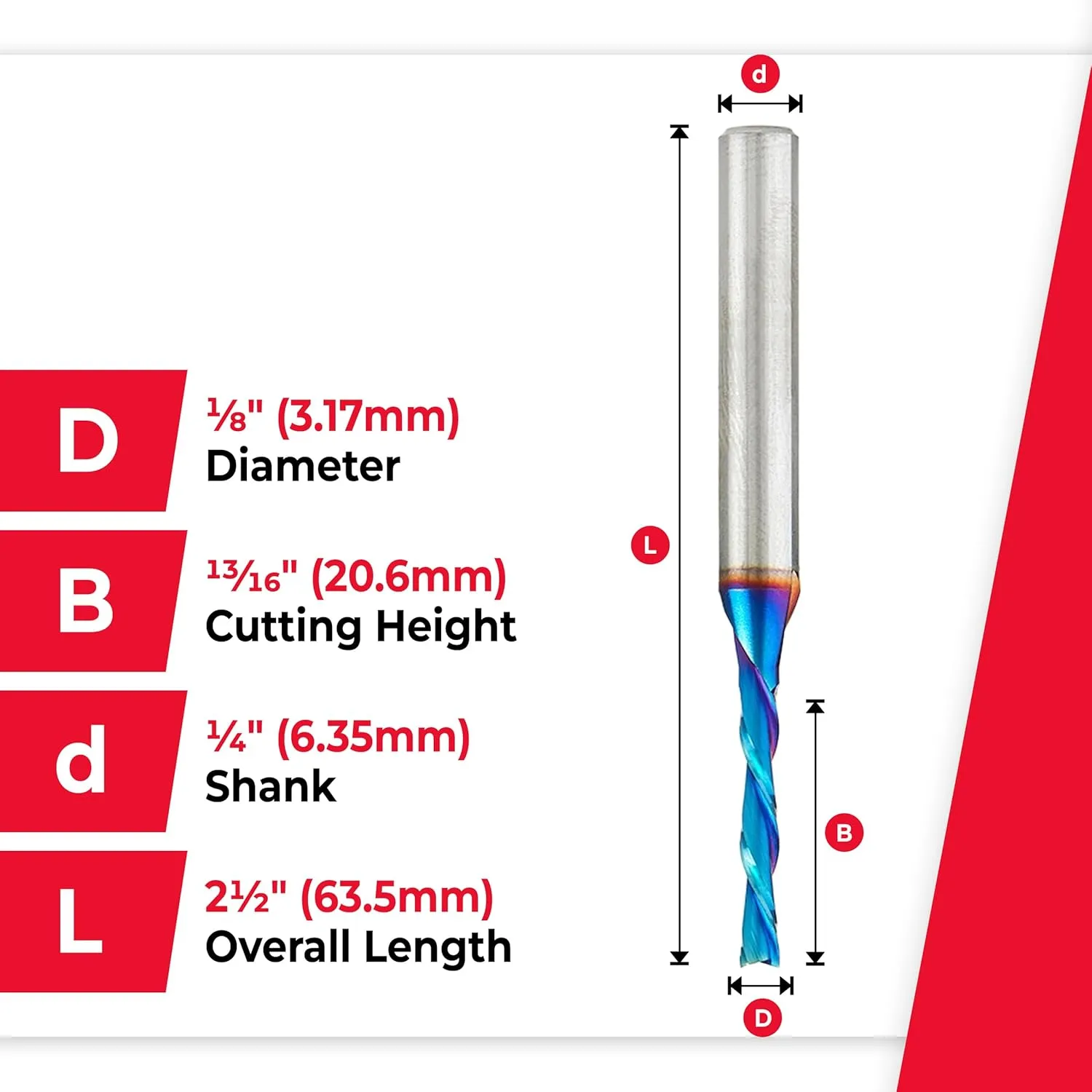 Amana Tool Spektra Extreme Tool Life Coated Solid Carbide Spiral Plunge Router Bit, 46125-K, 1/8 Dia x 13/16 CH x 1/4 Shank 2-1/2 Inch Long Up-Cut