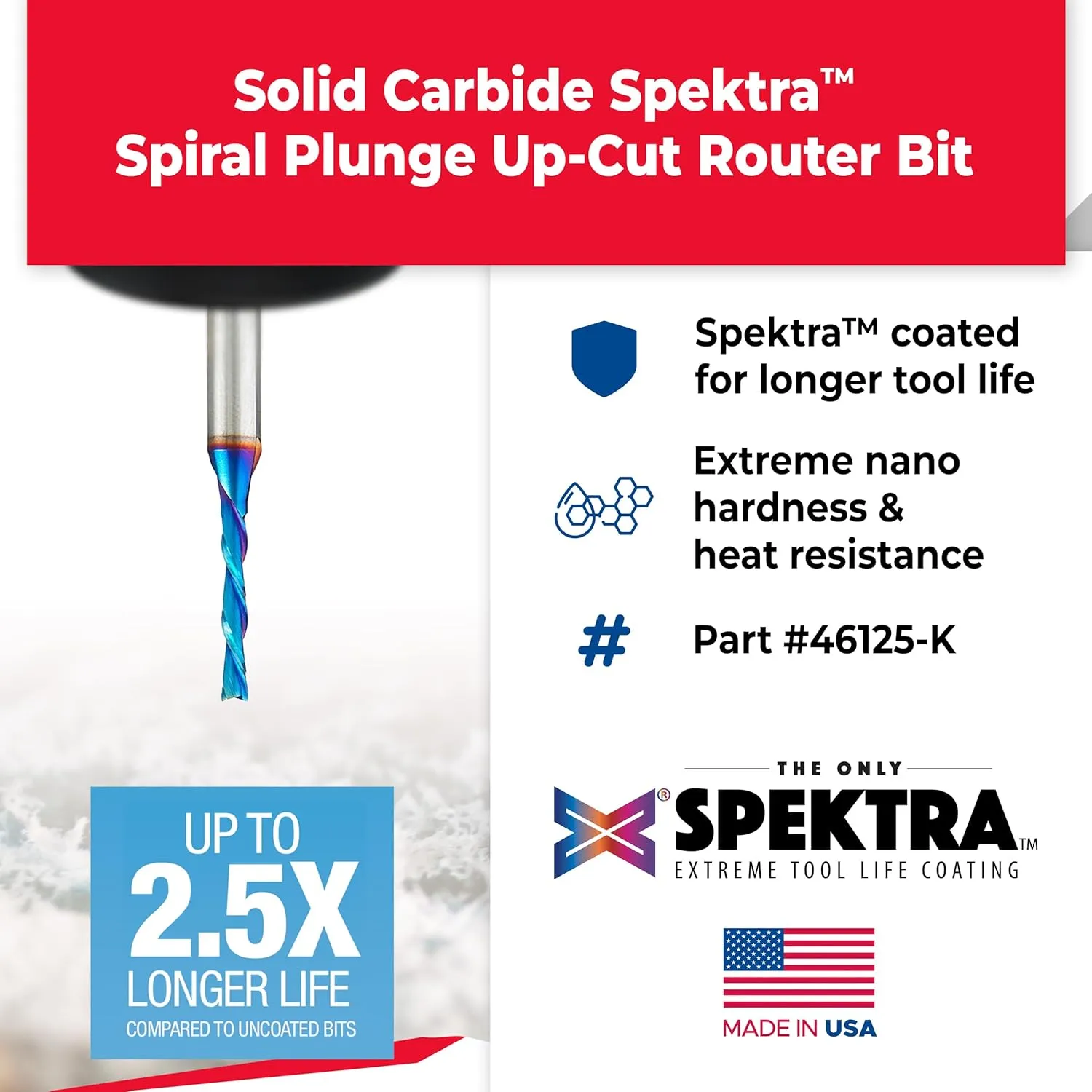 Amana Tool Spektra Extreme Tool Life Coated Solid Carbide Spiral Plunge Router Bit, 46125-K, 1/8 Dia x 13/16 CH x 1/4 Shank 2-1/2 Inch Long Up-Cut