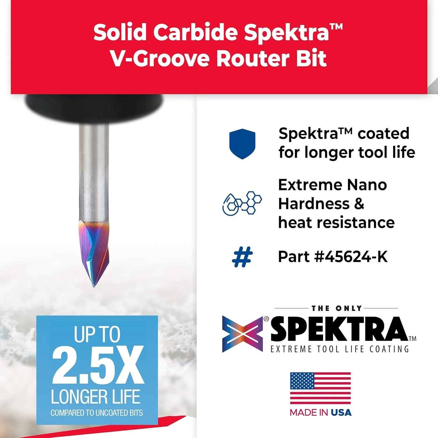 Amana Tool Spektra Extreme Tool Life Coated Solid Carbide V-Groove Router Bit, 45624-K, 60 Degree x 1/4 D x 7/32 CH x 1/4 Inch Shank 3-Flute