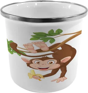 Ambesonne Cartoon Steel Camping Mug, Funny Monkey Hanging from Tree and Holding Banana Jungle Animals Theme Print, Printed Thermal Cup for Camping and Outdoor Activities, Chocolate White