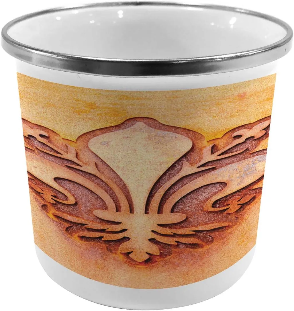 Ambesonne Fleur De Lis Metal Camping Cup, Lily Flower on Plate Floral Design Royal Arms France Sign Cultural Print, Stainless Steel Mug for Indoor and Outdoor Activities, Orange
