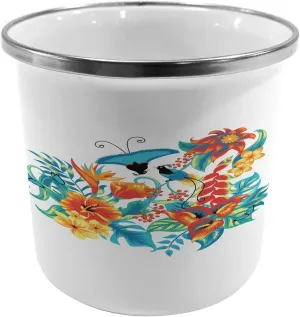 Ambesonne Flowers Metal Camping Cup, Tropical Exotic Jungle Foliage with Birds Hawaiian Island Flowers Retro, Stainless Steel Mug for Indoor and Outdoor Activities, Blue Turquoise Orange