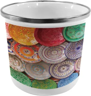 Ambesonne Moroccan Metal Camping Cup, Traditional Handcrafted Colorful Plates Shot at The Market in Marrakesh, Stainless Steel Mug for Indoor and Outdoor Activities, Multicolor