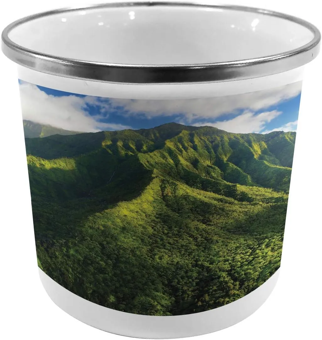 Ambesonne Mountain Steel Camping Mug, Aerial View of Jungle Forest on The Mountains Tropical Exotic Hawaii Nature, Printed Thermal Cup for Camping and Outdoor Activities, Green Blue White