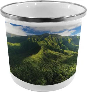 Ambesonne Mountain Steel Camping Mug, Aerial View of Jungle Forest on The Mountains Tropical Exotic Hawaii Nature, Printed Thermal Cup for Camping and Outdoor Activities, Green Blue White
