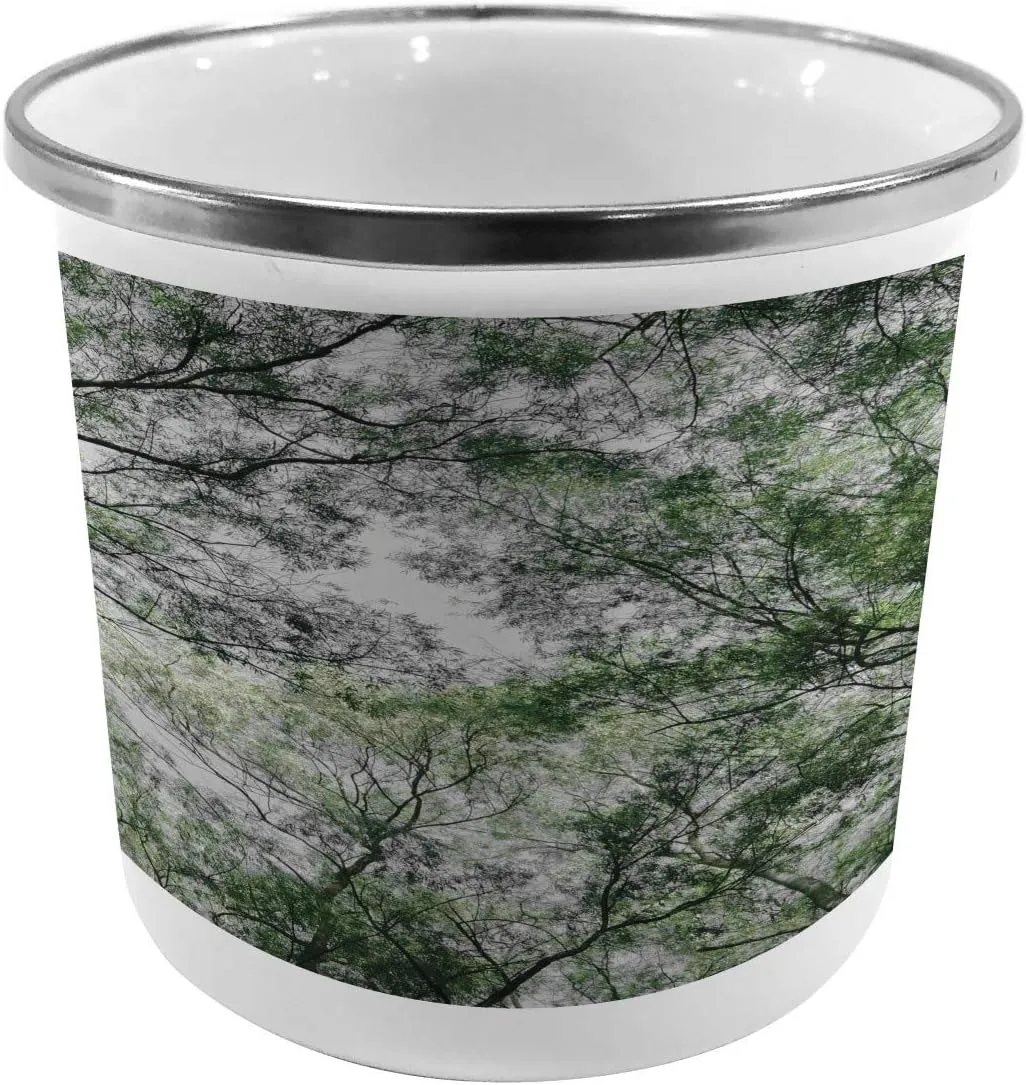 Ambesonne Nature Metal Camping Cup, Tree Branch in Spring Season Jungle Growth Nature Look up Wood Scene Photo Print, Stainless Steel Mug for Indoor and Outdoor Activities, Green