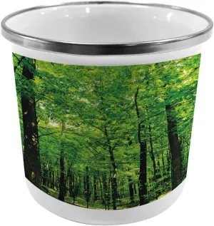 Ambesonne Nature Metal Camping Cup, Woodland Tree Forest Jungle in Sunny Day Mother Earth Environment Picture, Stainless Steel Mug for Indoor and Outdoor Activities, Fern Green Seal Brown