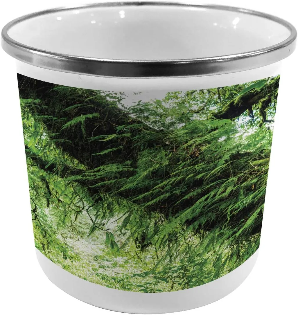 Ambesonne Rainforest Metal Camping Cup, Idyllic Atmosphere in Tropical Jungle on Springtime Natural Relaxation Theme, Stainless Steel Mug for Indoor and Outdoor Activities, Green Brown