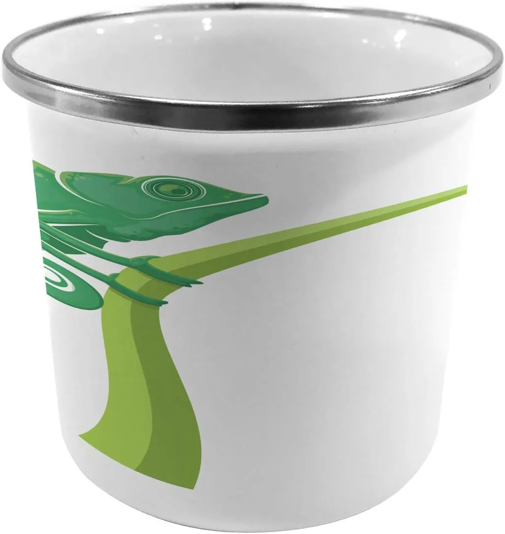 Ambesonne Reptile Steel Camping Mug, Exotic Grumpy Lizard Holding onto Grass with Curled Tail Jungle Cartoon Camouflage, Printed Thermal Cup for Camping and Outdoor Activities, Green White