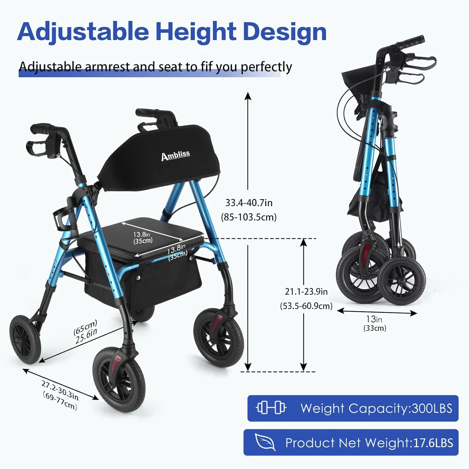 Ambliss 10’’ Front Wheeled Walkers for Seniors,Rollator Walker with Seat and Extra Wide Backrest,Lightweight Collapsible Rolling Walker,Adjustable Height Rollator Walker with Cup & Cane Holder (Blue)