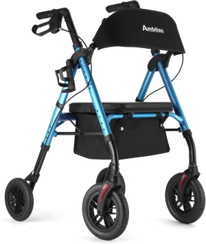 Ambliss 10’’ Front Wheeled Walkers for Seniors,Rollator Walker with Seat and Extra Wide Backrest,Lightweight Collapsible Rolling Walker,Adjustable Height Rollator Walker with Cup & Cane Holder (Blue)